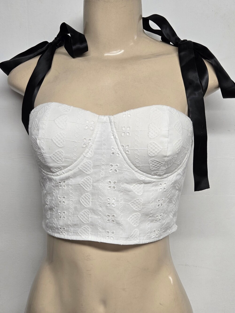 Eilly Bazar S Crop Bra Top Ribbon Straps Padded Bra Eyelet 100% Cotton